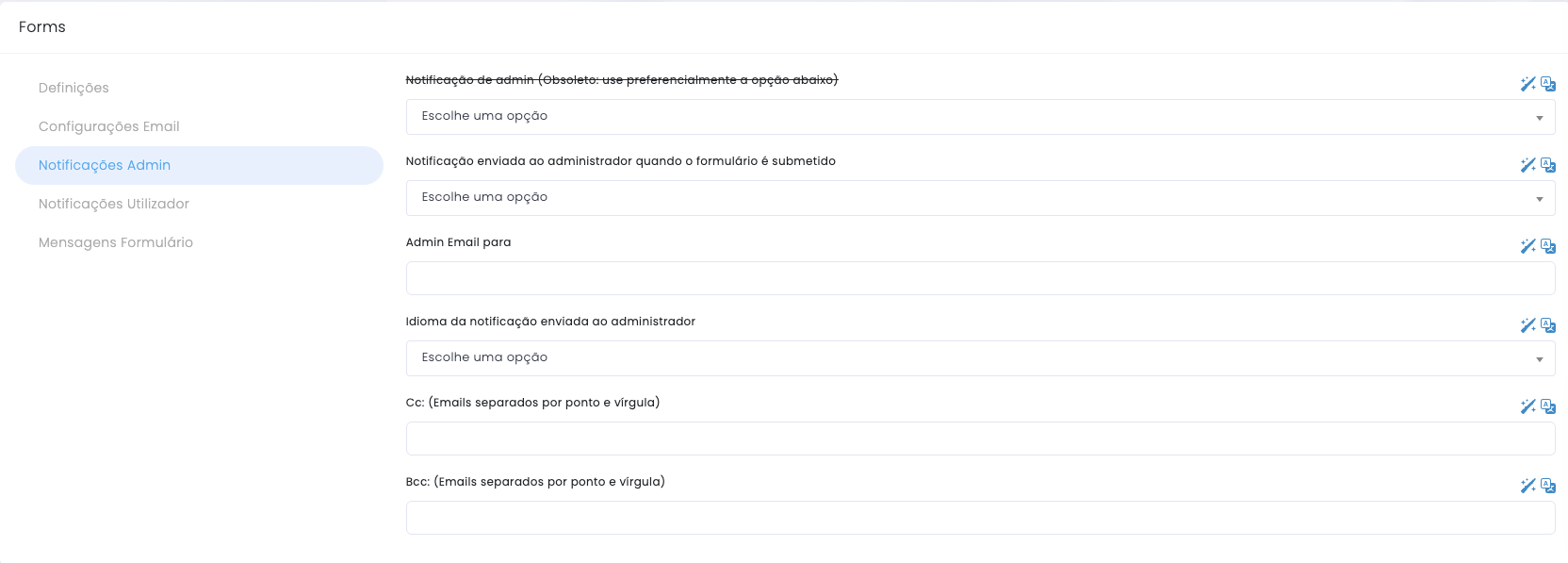 Administrator notifications for the form